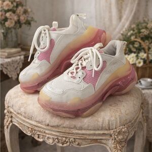 Balenciaga Designer Triple S Lace up Sneakers, Pastel, Pink & White,Street style